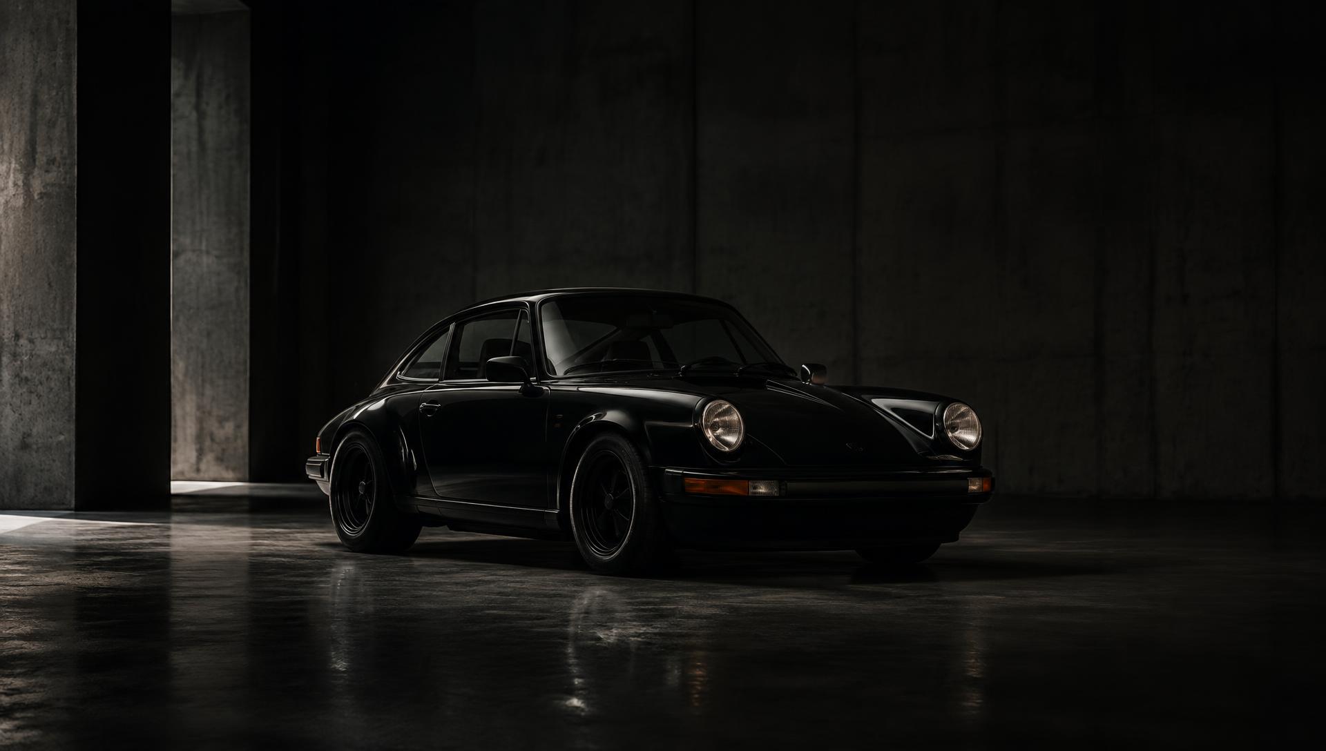 Classic black Porsche 911 in a dark concrete studio